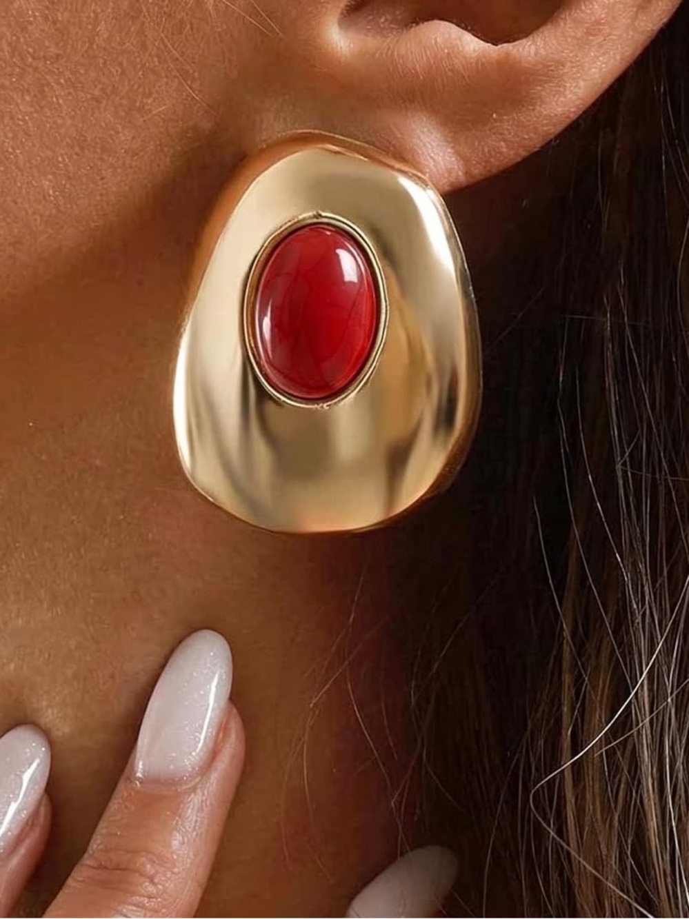 Anthropologie Gold-Tone Statement Earrings with Red Cabochon - Picture 3 of 6
